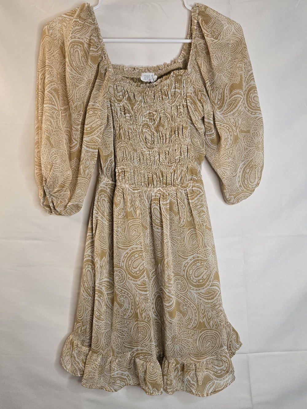 Sienna Sky Mustard paisley smocked mini puff sleeves boho western XS square neck